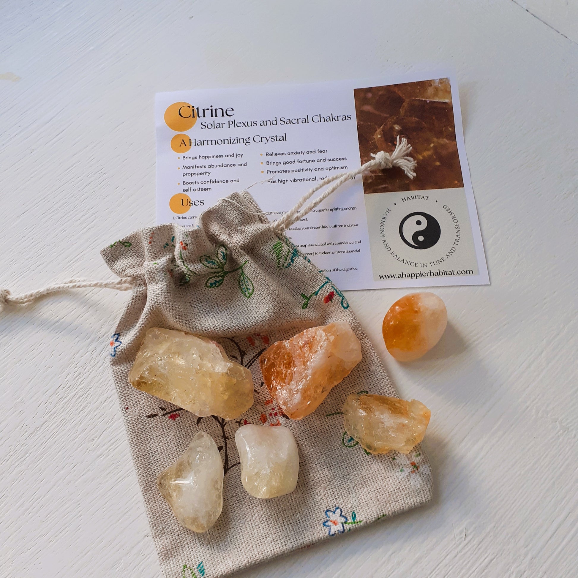 6 Citrine Crystals in Linen Pouch. - A Happier Habitat 