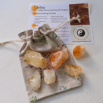 6 Citrine Crystals in Linen Pouch. - A Happier Habitat 